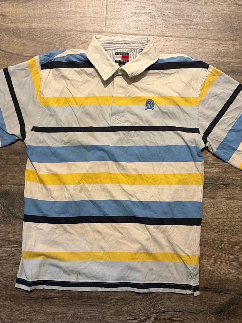 Vintage Tommy Hilfiger Striped Polo Shirt Blue Yellow Medium